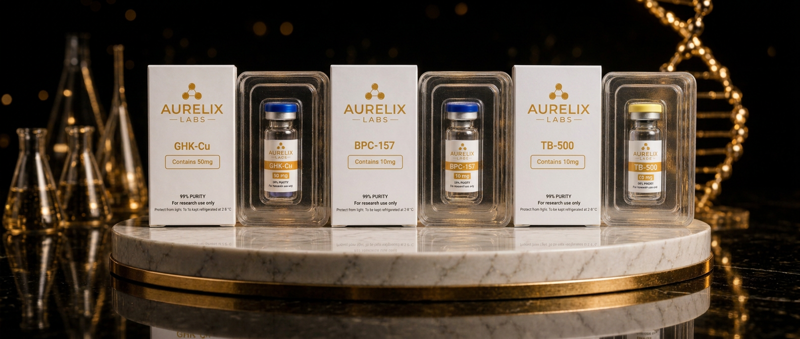 Glow Stack — GHK-Cu 50 mg + BPC-157 10 mg + TB-500 10 mg — balenie a ampulka AURELIX LABS